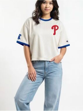 Champion x Phillies Cream Mesh Ringer Crop Top size large